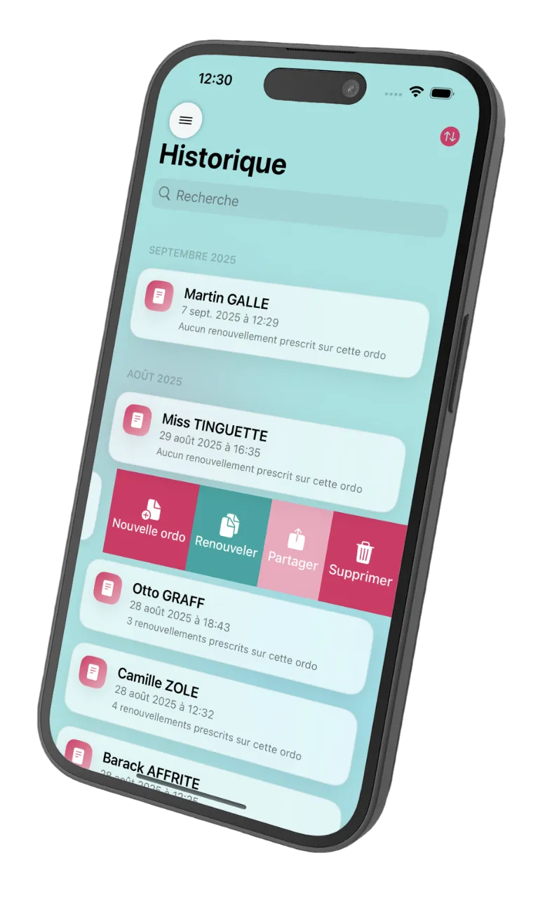 L’écran Historique d’Idesy : liste des ordonnances avec les actions Nouvelle ordo, Renouveler, Partager et Supprimer